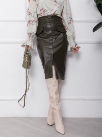 Юбка миди ISSA Plus модель SA-106_khaki Юбка миди ISSA Plus модель SA-106_khaki Фото