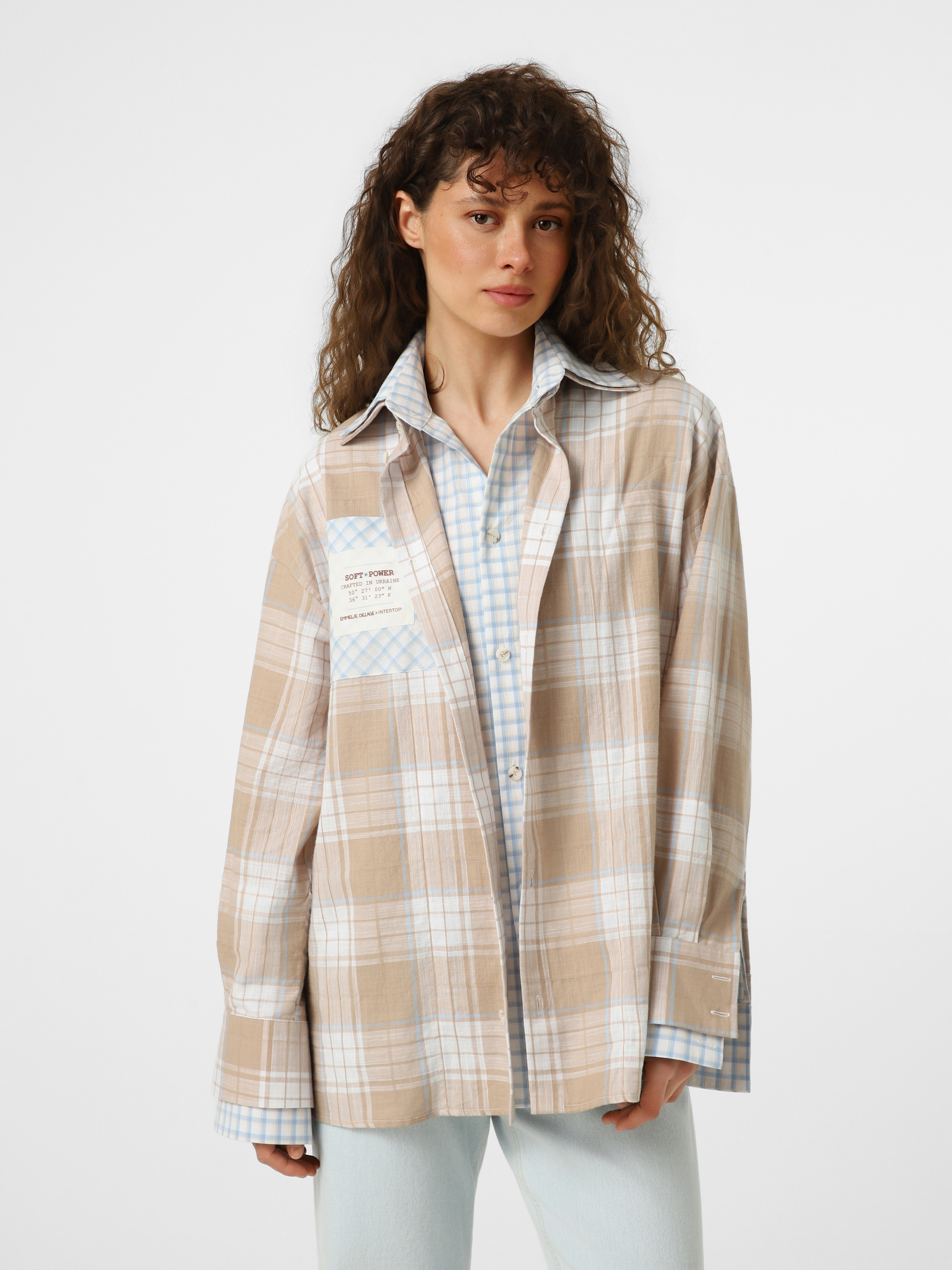 Бавовняна Жіноча Сорочка в клітинку Emmelie Delage x INTERTOP  (mp924376) колір бежевий Emmelie Delage x INTERTOP - купити в Україні