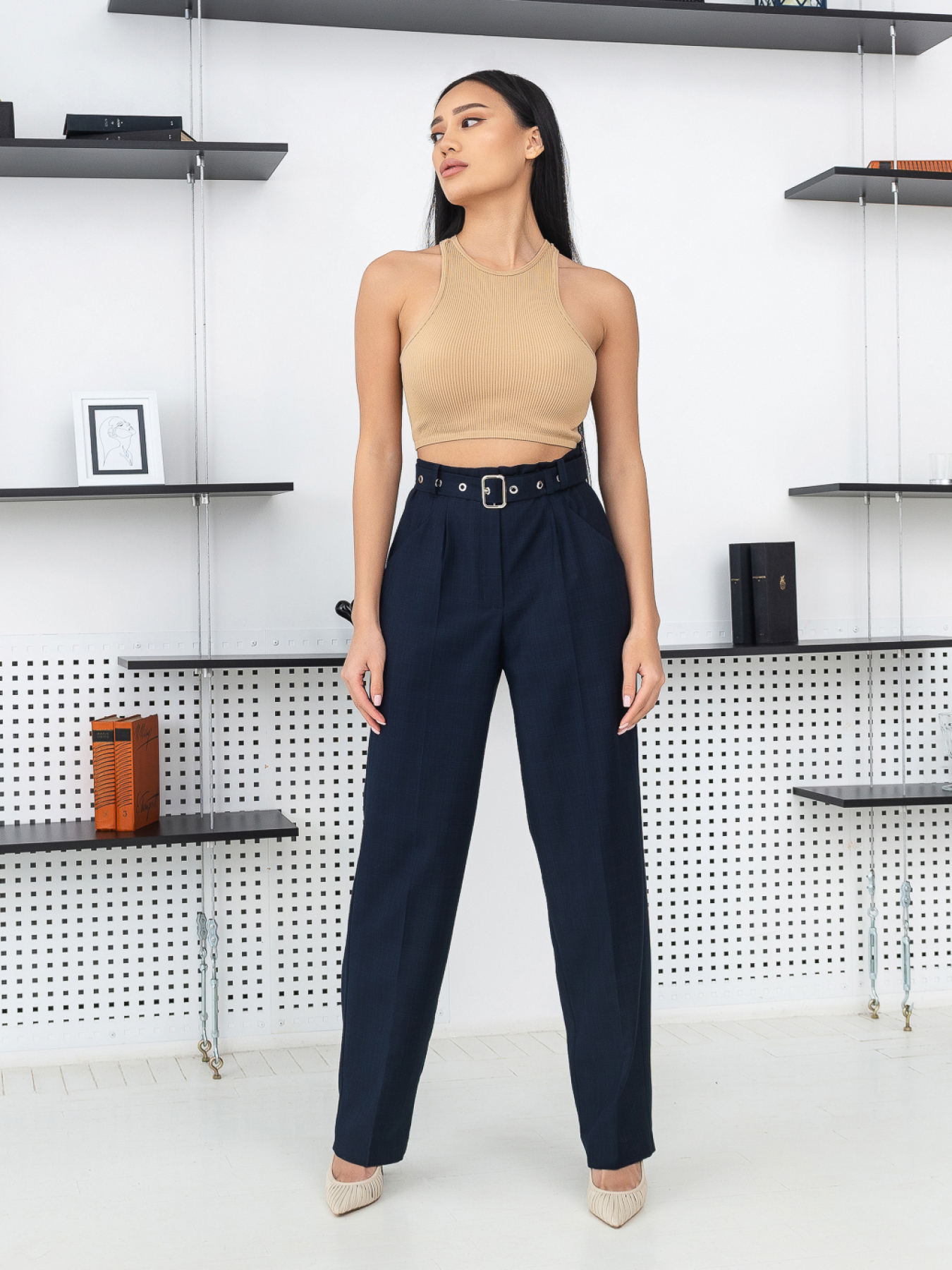 Брюки повседневные Брюки женские классические в клетку с поясом и высокой талией модель P2006 Фото